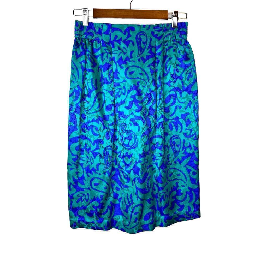 100% Silk Midi Skirt Vintage in Teal Green and Purple Size 10